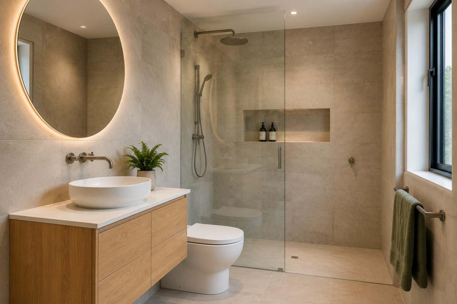 Bathroom renovation with frameless glass shower, Reid