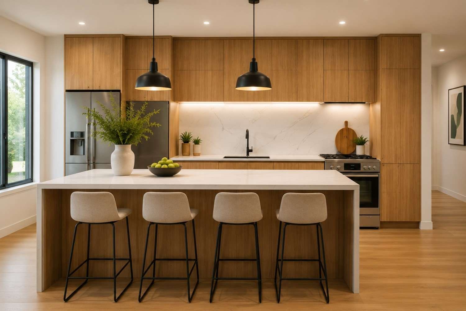 Kitchen renovation with island bench and pendant lighting, Yarralumla