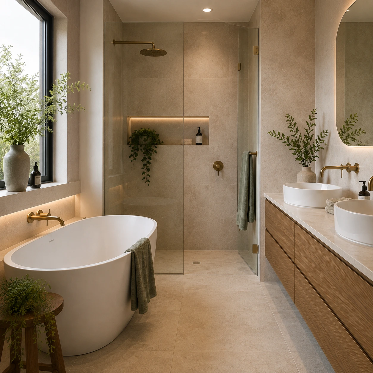Renovated bathroom with frameless glass shower, Canberra home by OMR Build