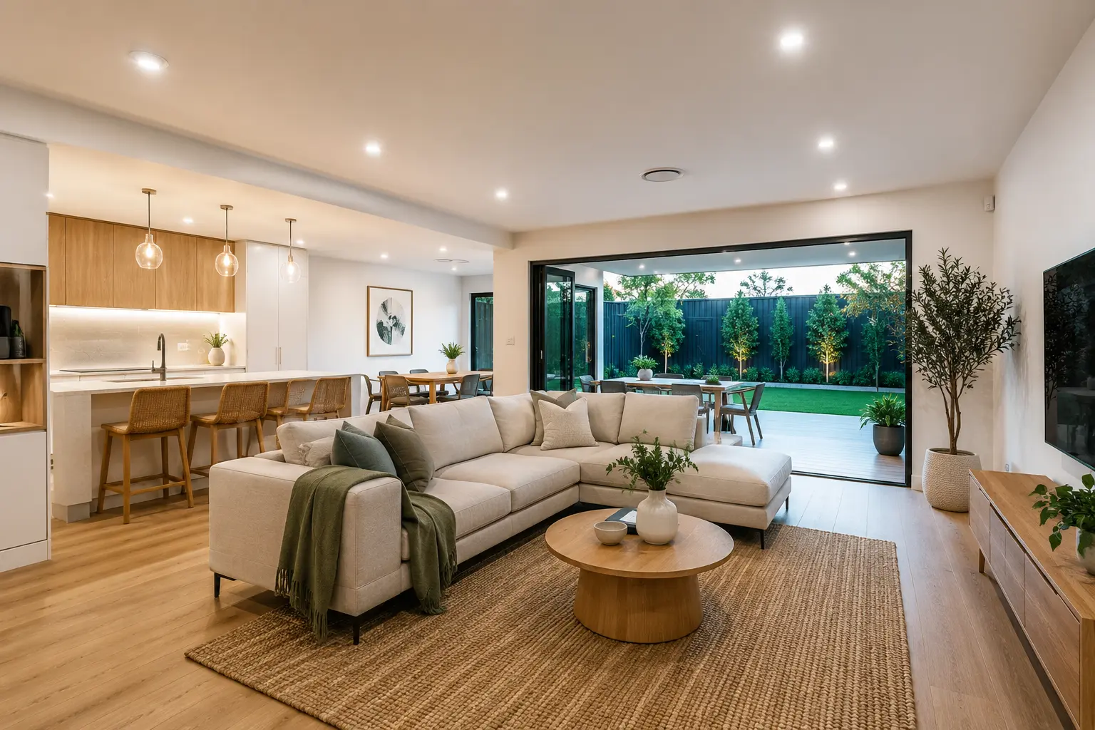 Open-plan living area, recent Canberra home renovation by OMR Build