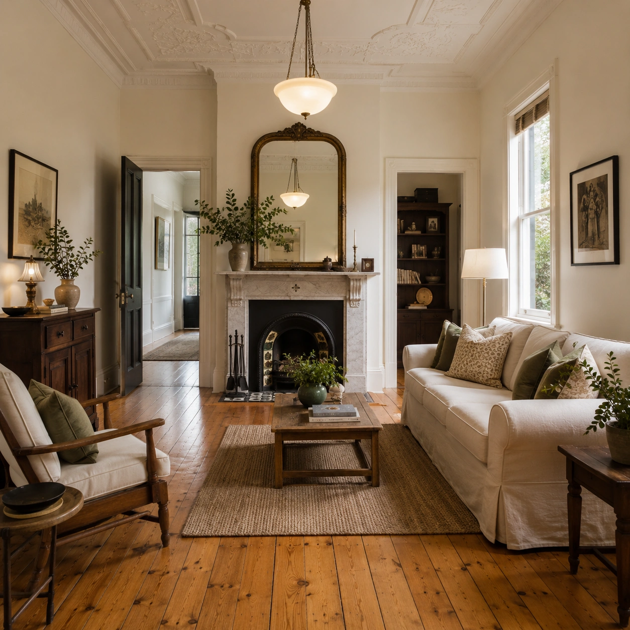 Restored original fireplace and timber floors, Reid heritage home
