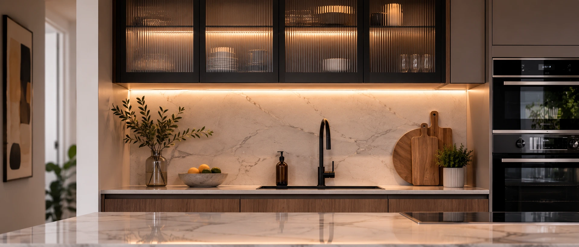 Marble kitchen benchtop and matte black tapware, OMR Build renovation, Canberra
