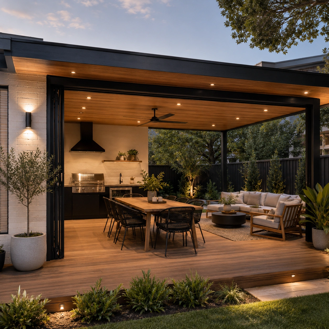 Covered alfresco outdoor living area with timber deck, Canberra home by OMR Build